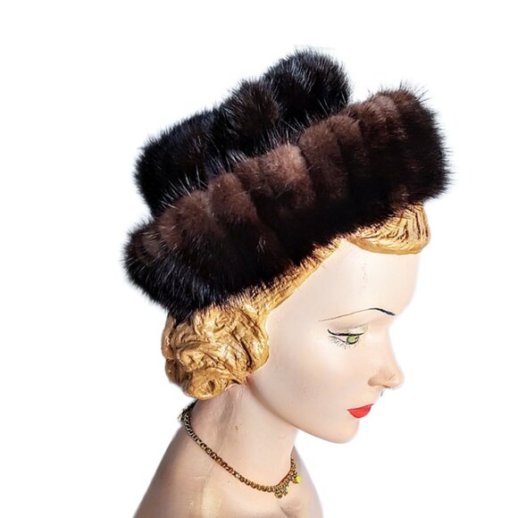 Vintage Mink Accessories - 1960s True Vintage Dark Brown Genuine Mink Fur Rolled Brimmed Hat